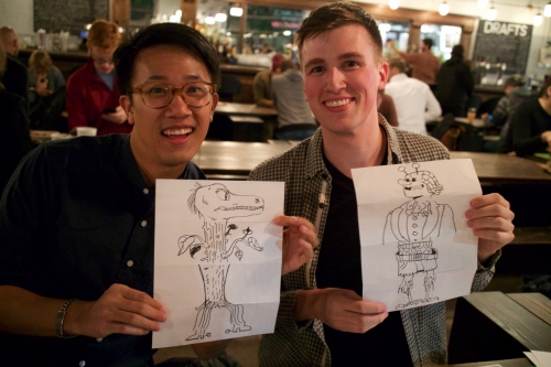 Illustrators, artists, and people who haven't picked up a pen in ages came to the first ImageThink drink and draw at Bergn in Brooklyn, New York. Here, folks show their collaborative exquisite corpse drawings.