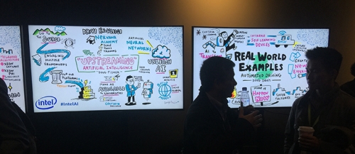 Attendees at Intel's AI day look at the digital graphic recordings streamed live to hallways during the tech conference.