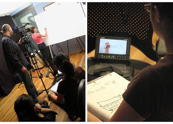 Duel image of sections of ImageThink video production - visual strategist scribing on a board that is being recorded by videographer.