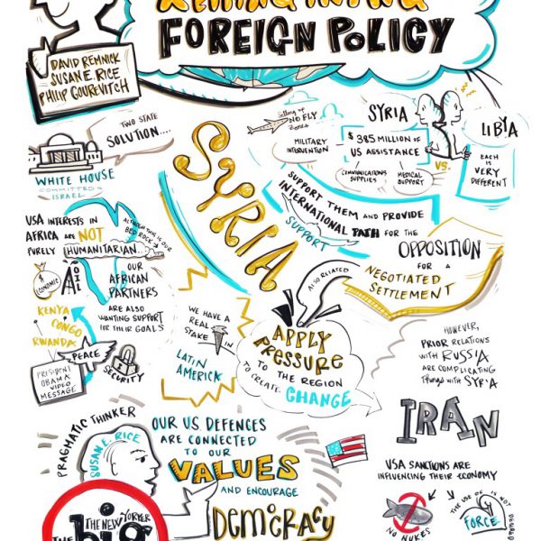 Virginia Lee Montgomery's graphic recording of David Remnick, Susan E. Rice, and Philip Gourevitch's talk: "Reimagining Foreign Policy"