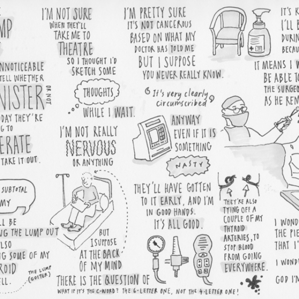 uppercase letters in full sentences paired with visuals for sketch noting