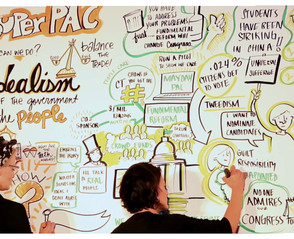 Visual strategists collaborating on a large board together