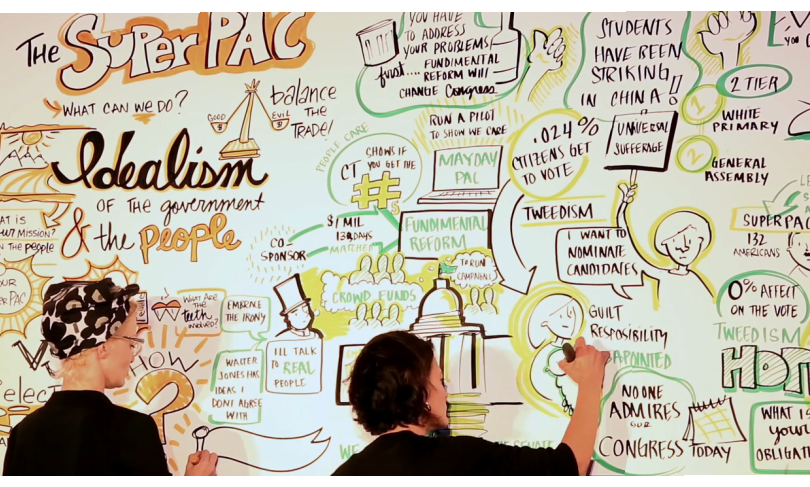 Visual strategists collaborating on a large board together
