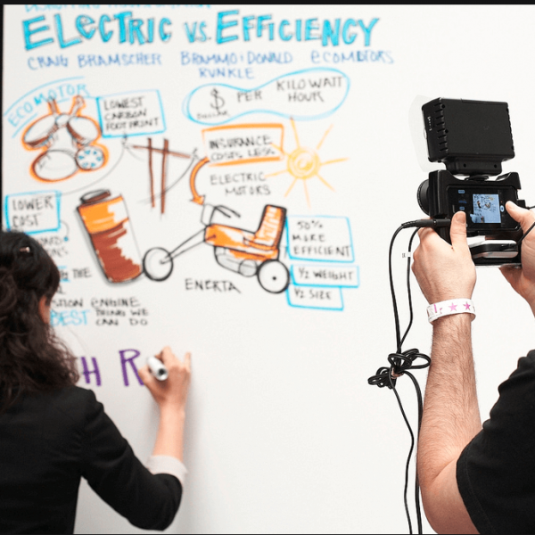 Image of someone snapping a professional image of a visual strategist working on a board.