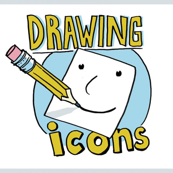 Illustration of drawing icons - a paper with a smiley face and the pencil that drew it.