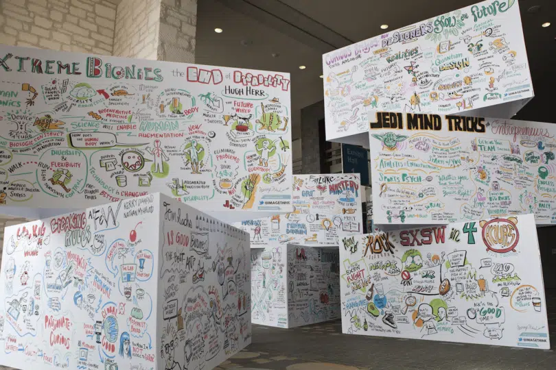 ImageThink graphic recording display activating an event space at SXSW with large visual notes.