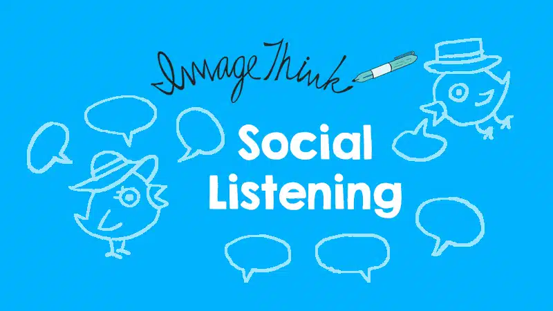 ImageThink graphic recording social listening walls create engagement at conferences. Graphic showing twitter birds in conversation around the words "social listening".