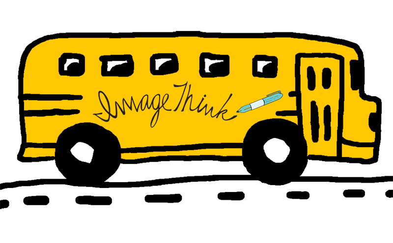 ImageThink graphic recording, simple illustration of a school bus driving to the right w/ ImageThink written on the side