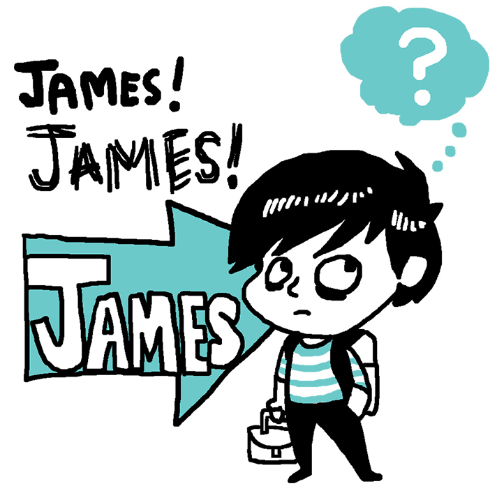 ImageThink graphic recording, illustration of a boy with James! written over an arrow pointing at the boy, he's ignoring them calling his name with a question mark above his head.