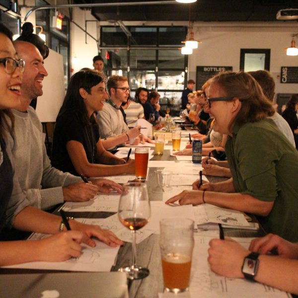 People came from all over new york city for the first ImageThink drink and draw at Bergn, in Brooklyn. The graphic recording firm's team led drawing games that sparked creativity and conversation.