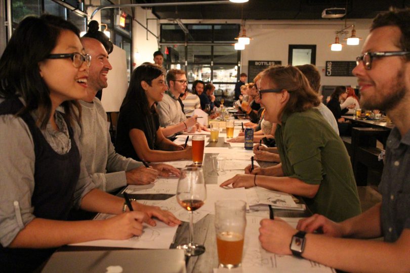 People came from all over new york city for the first ImageThink drink and draw at Bergn, in Brooklyn. The graphic recording firm's team led drawing games that sparked creativity and conversation.