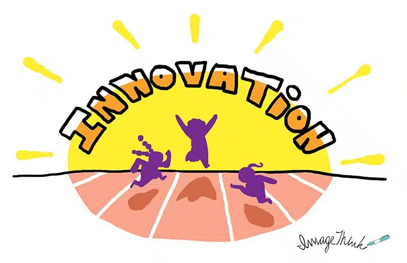 imagethink graphic recording illustration of a runner's track. 3 runners are running towards the same goal in the distance: innovation.