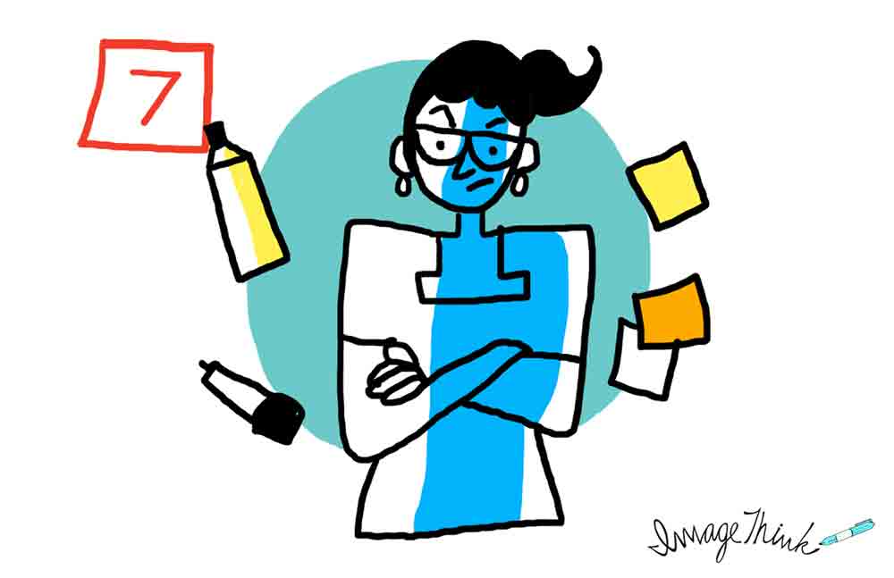 "7 Opportunities to Make Your Brainstorming Meeting a Success" by ImageThink graphic recording. #7 you need to hire a professional facilitator - illustration of a frustrated woman with her arms folded, surrounded by markers and post it notes.