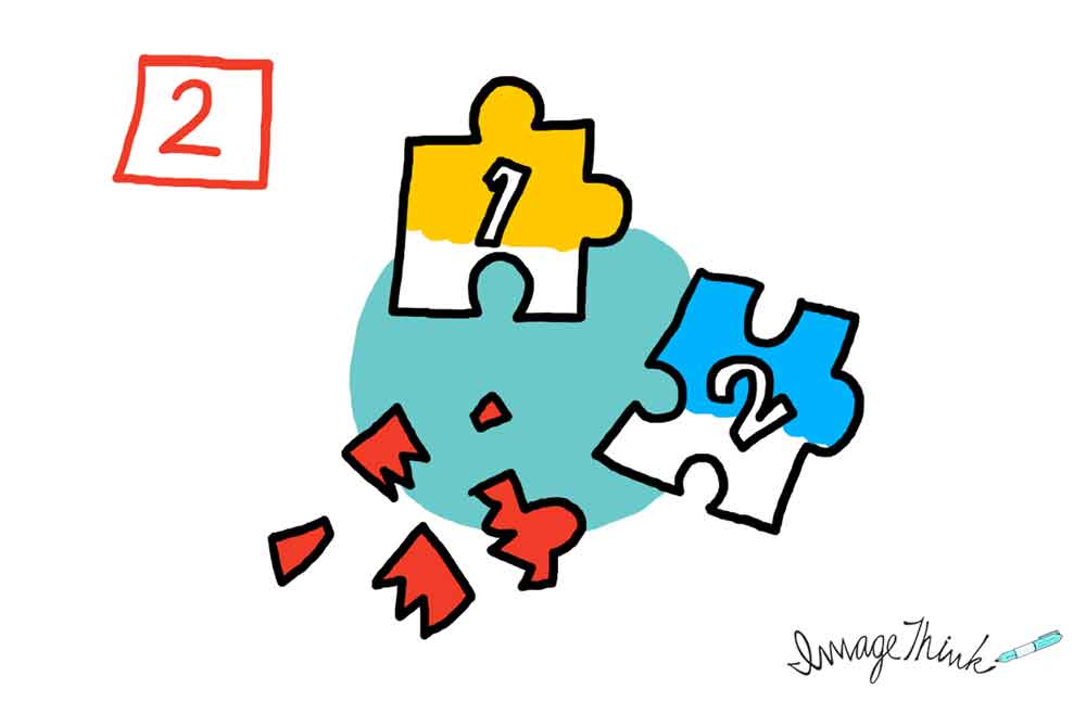 "7 Opportunities to Make Your Brainstorming Meeting a Success" by ImageThink graphic recording. #2 missing piece of the puzzle - illustration of 3 puzzle pieces, one is broken.