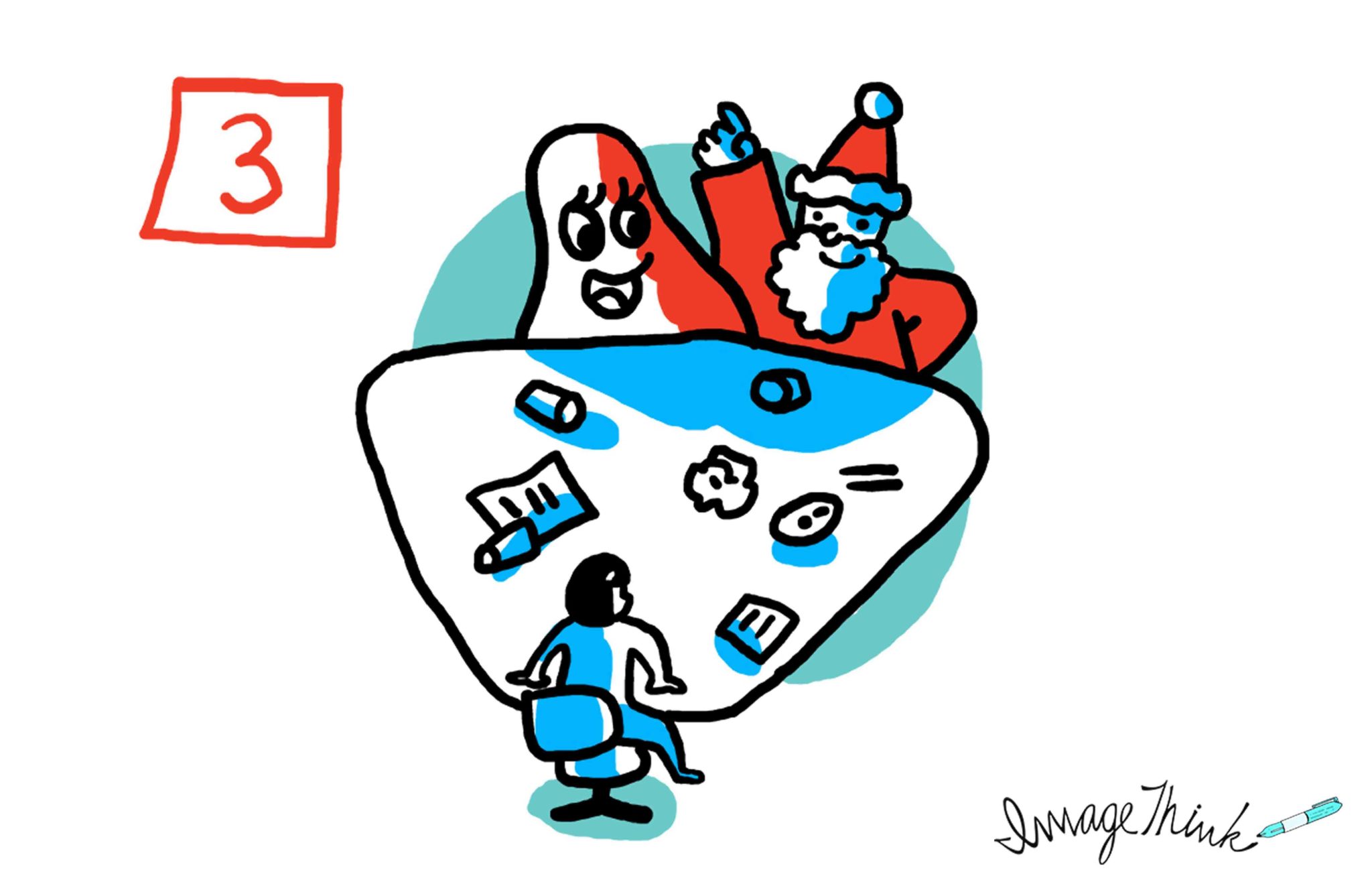 "7 Opportunities to Make Your Brainstorming Meeting a Success" by ImageThink graphic recording. #3 the right people aren't in the room - illustration of a meeting with the back of a person facing a cartoon character and santa claus, with items all over the desk.