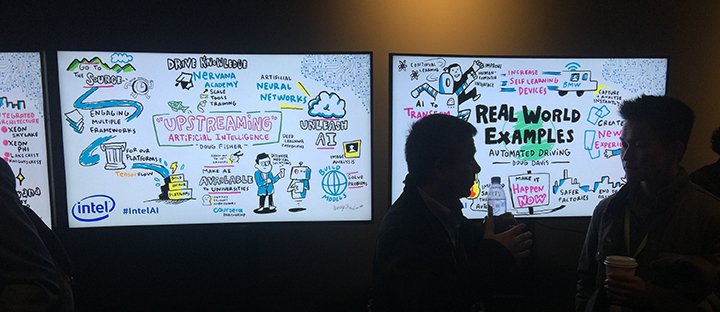 Attendees at Intel's AI day look at the digital graphic recordings streamed live to hallways during the tech conference.