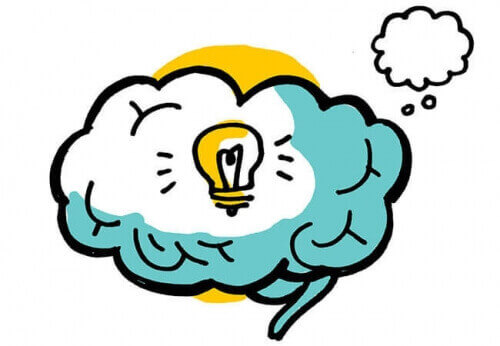 Illustration of a brain with a big idea, and a thought.
