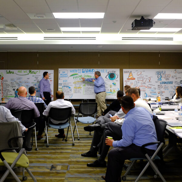 A large group of employees gathered in a conference room to discuss and collaborate around three graphic recording boards.