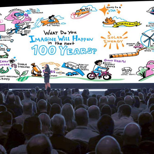 Image of a digital graphic recording display at a large conference.