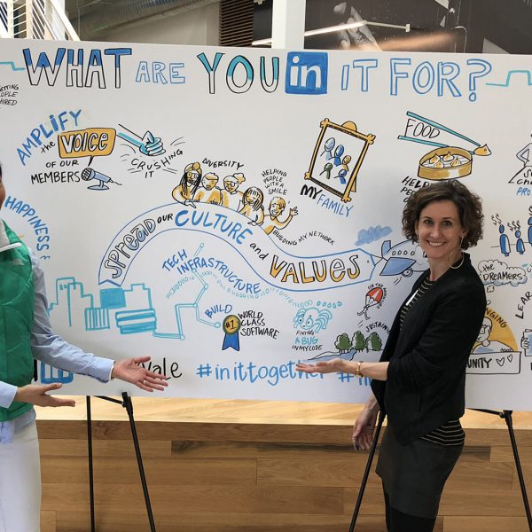 Nora and attendee pictured with ImageThink visual board created for client LinkedIn.