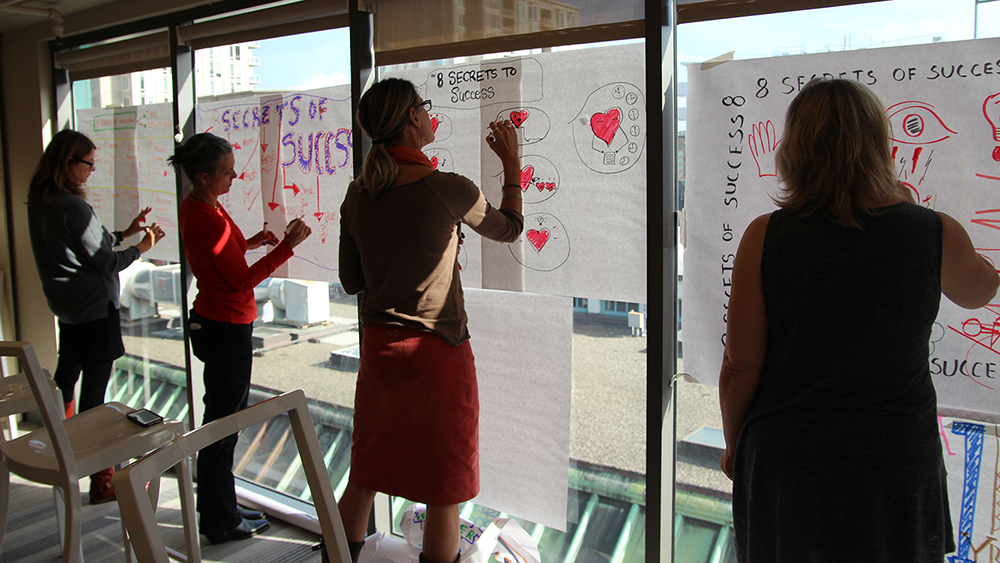 business leaders learn graphic recording in the visual leadership workshop hosted by gisc and imagethink in cape cod