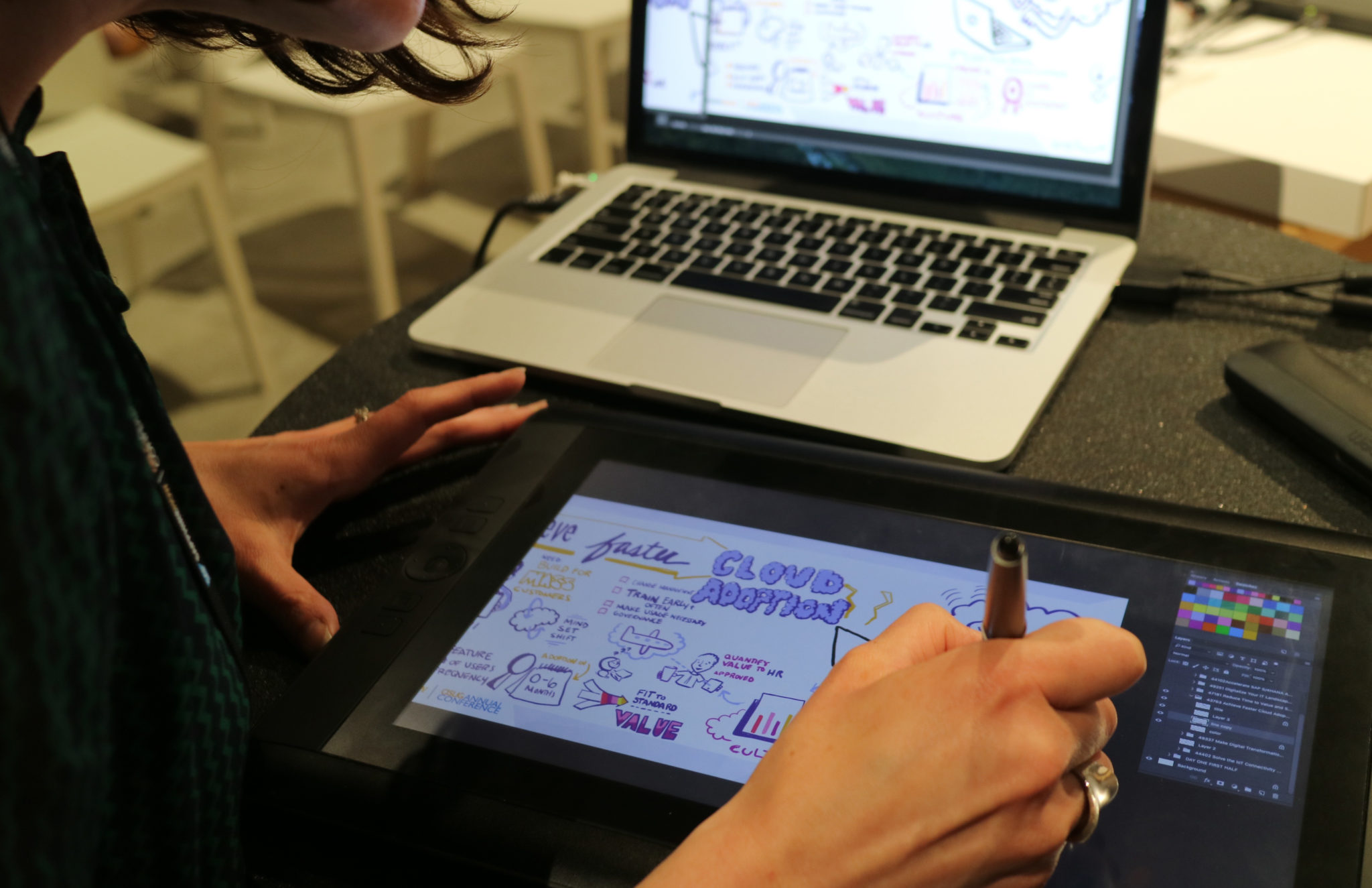 ImageThink graphic recorder uses digital technology to scribe a session online.