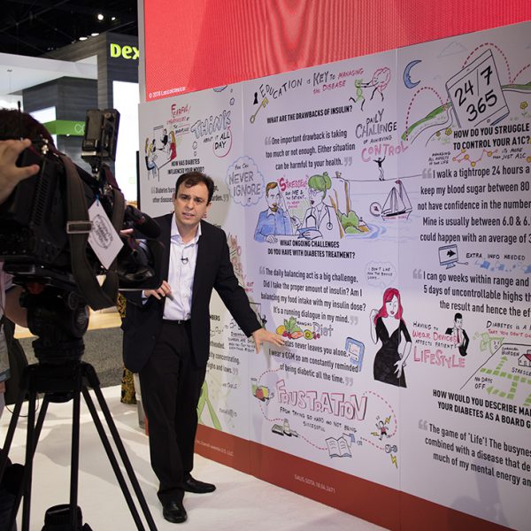 a camera man and reporter stand in front of an imagethink graphic recording at a healthcare tradeshow booth