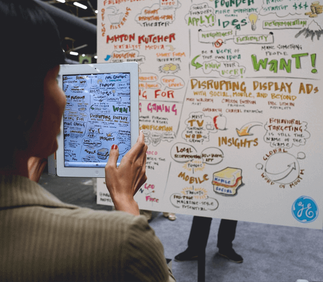 Meeting attendee taking a picture of a large graphic recording display