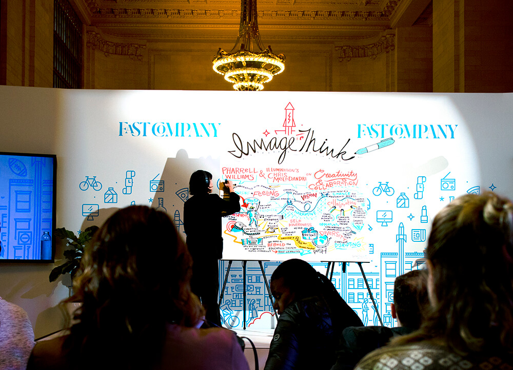 imagethink graphic recorder lilly lam illustrated insights from fast co's innovation festival in grand central terminal's vanderbilt hall