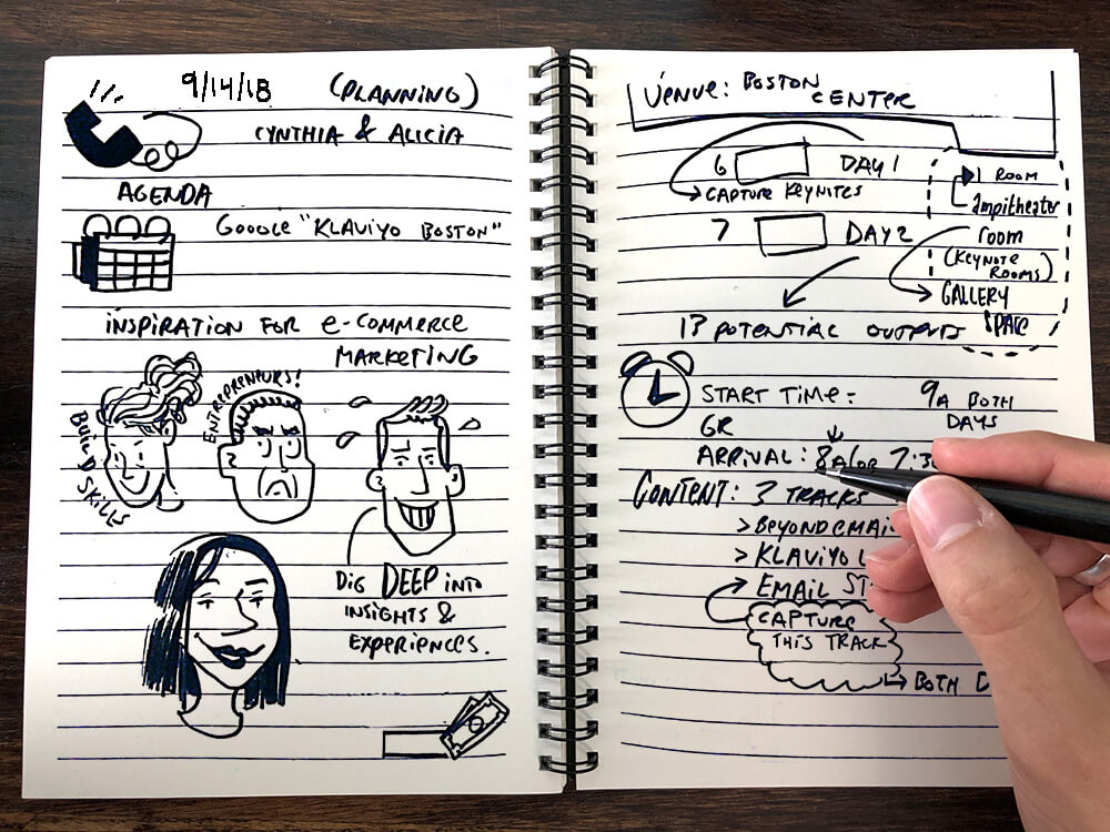 an imagethink graphic recorder takes sketchnotes during a planning call with a client in a small notebook