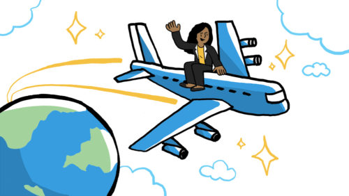 a woman business traveler on a plane drawn by imagethink graphic recording