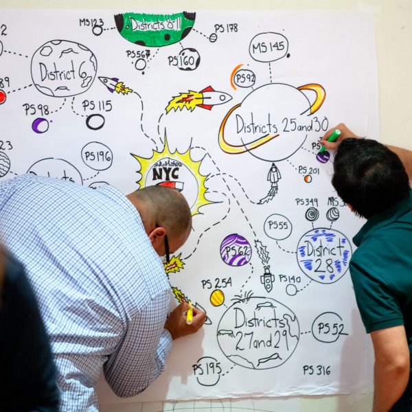 two team members creating visual notes