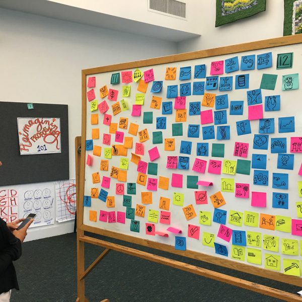 Image of a person onlooking a board filled with drawings on colorful sticky notes.