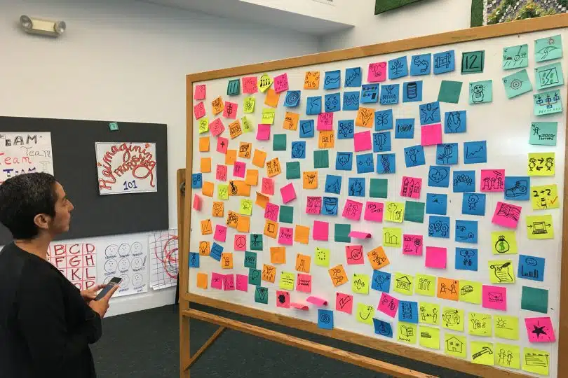 Image of a person onlooking a board filled with drawings on colorful sticky notes.