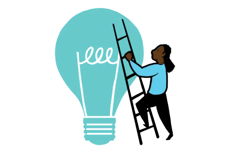 Level up illustration of person climbing a ladder next to a light bulb