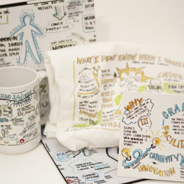 Image of ImageThink swag - mugs, tshirts, notepads and more that display the visual boards or work that was created.