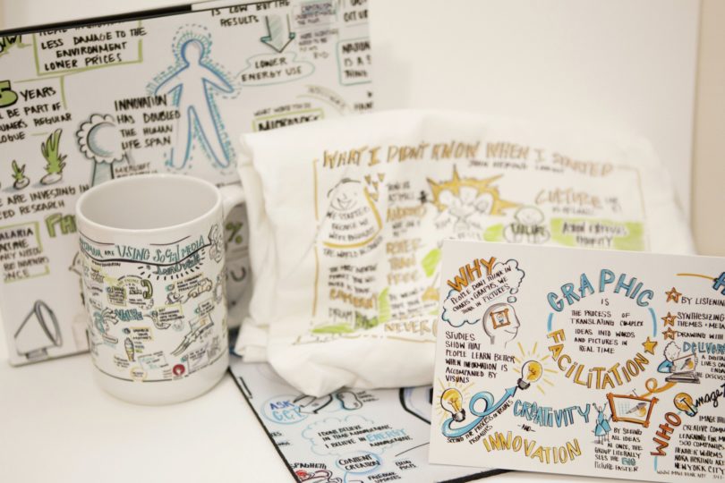 Image of ImageThink swag - mugs, tshirts, notepads and more that display the visual boards or work that was created.