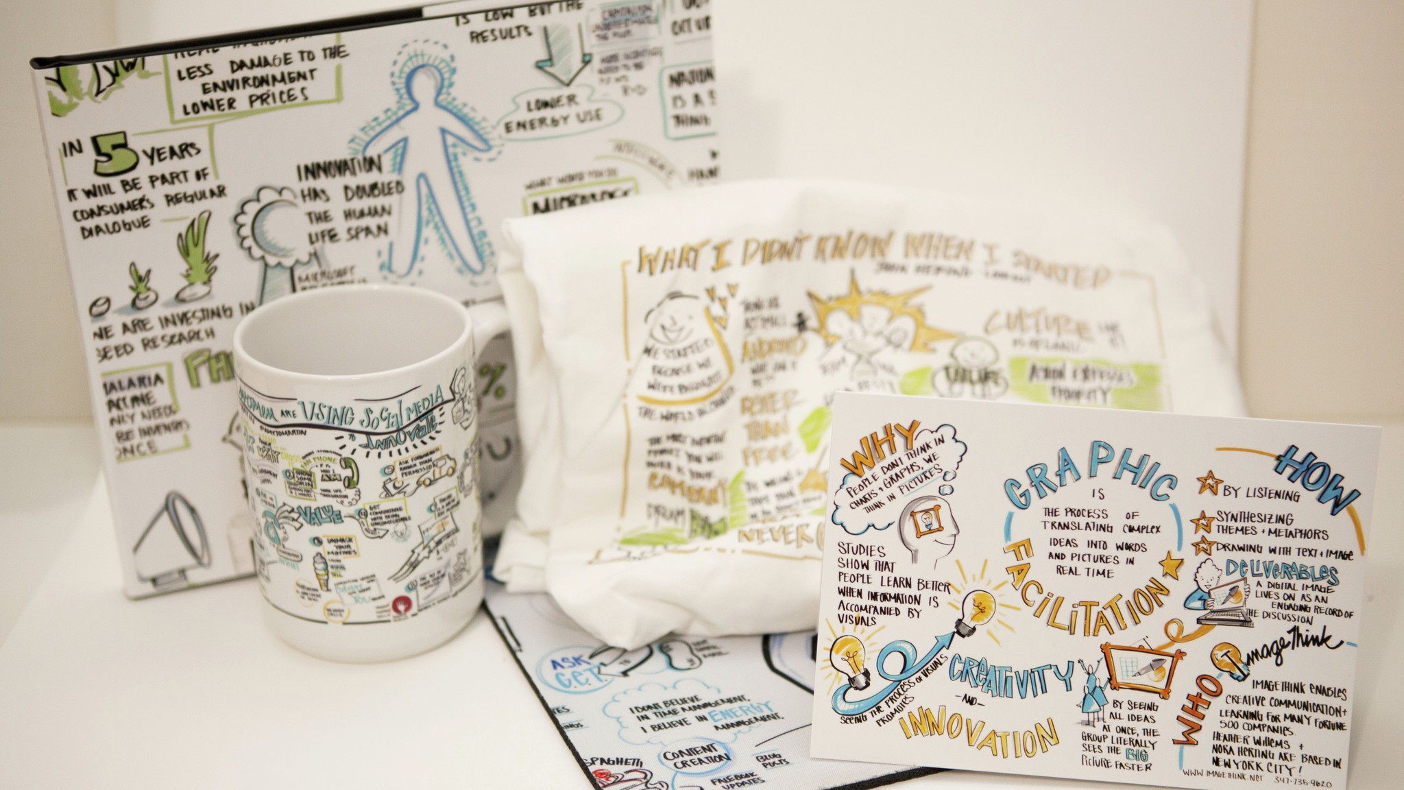Printed materials repurpose artwork created by ImageThink into gifts like mugs, portraits, and tee shirts.