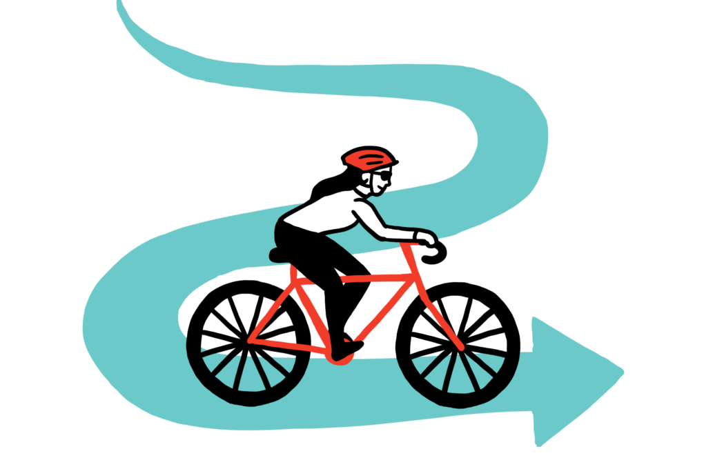 Illustration of girl riding bicycle on winding road with arrow at the end