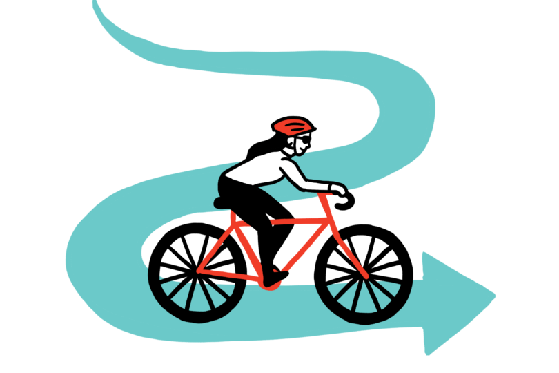 Illustration of girl riding bicycle on winding road with arrow at the end