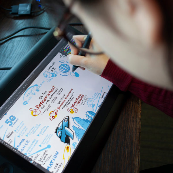 A graphic recorder working digitally in-studio on a client project using a Wacom Cintiq drawing tablet.