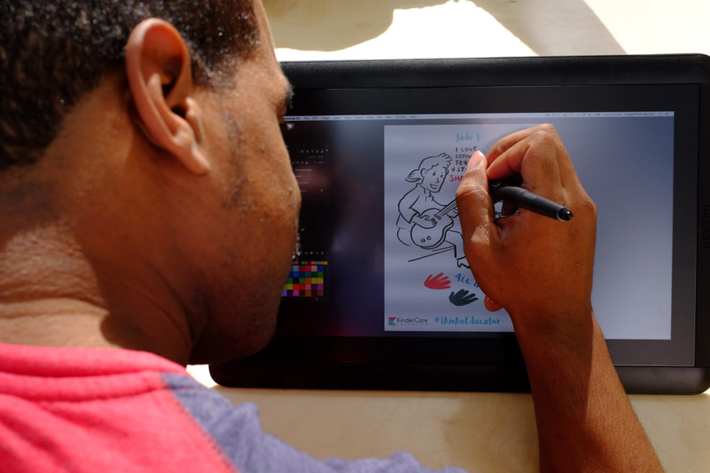 ImageThink graphic recorder working to illustrate key elements of a narrative on a Wacom Cintiq tablet.