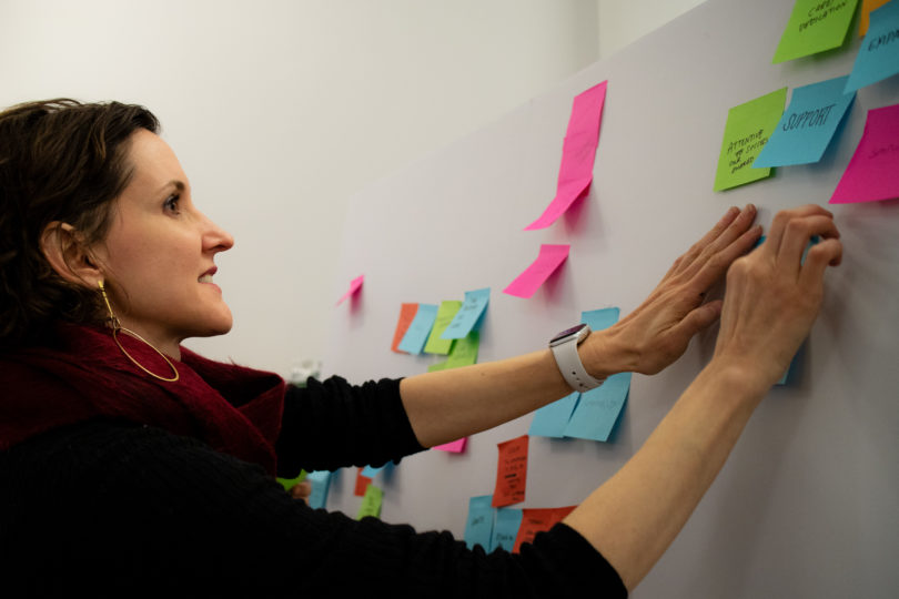 ImageThink's founder and CEO, Nora Herting, placing sticky notes on a board while facillitating a brainstorm session