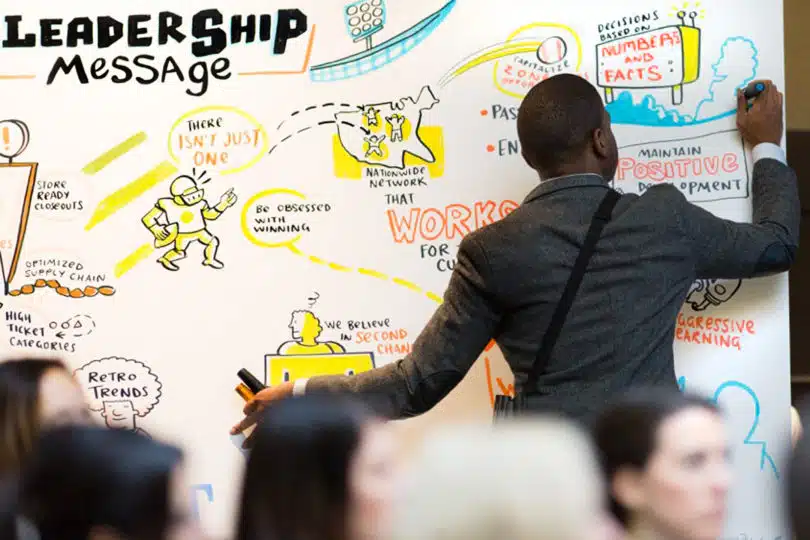 Graphic recorder scribing live visual notes in front of an audience to capture big ideas.