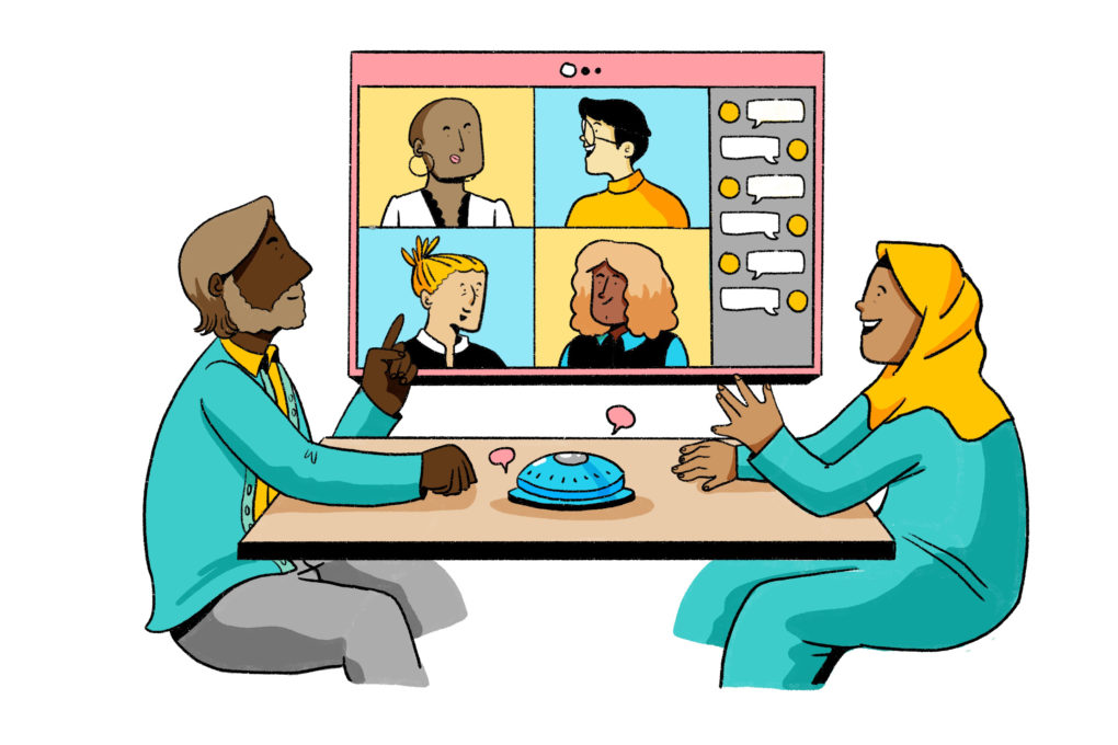 Illustration showing two people meeting in person in front of a screen with virtual attendees at a hybrid meeting