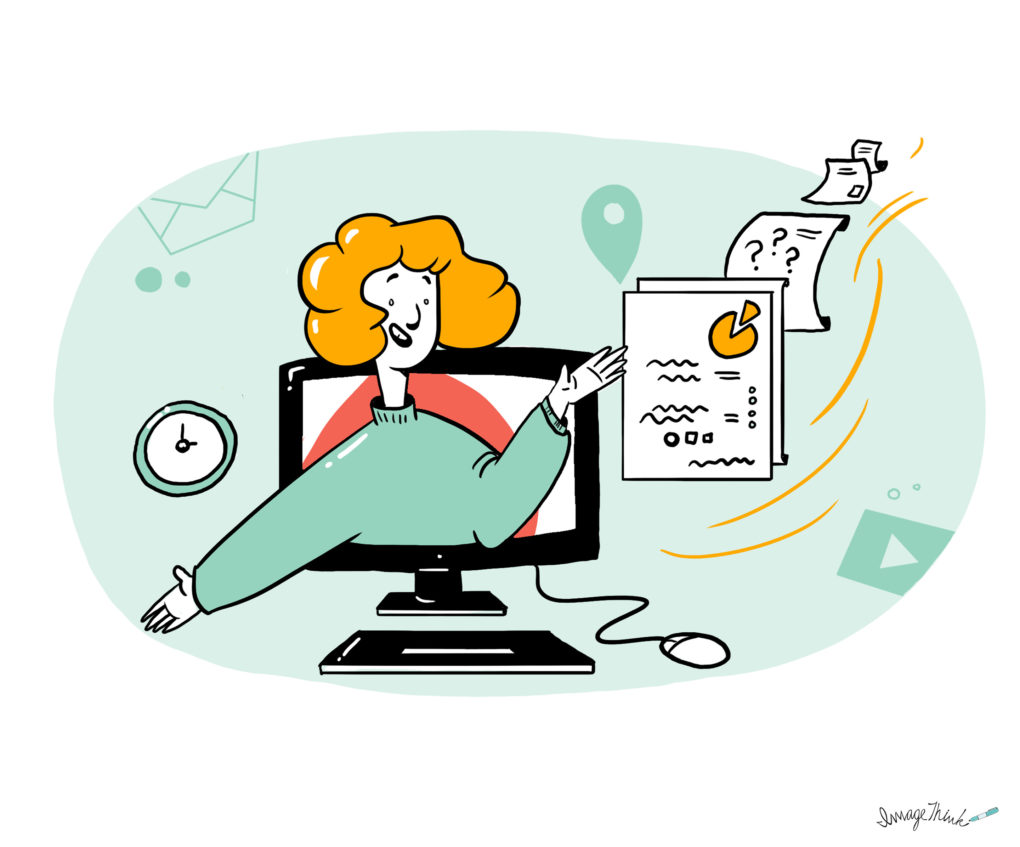 Illustration of a virtual facilitator coming out of a monitor