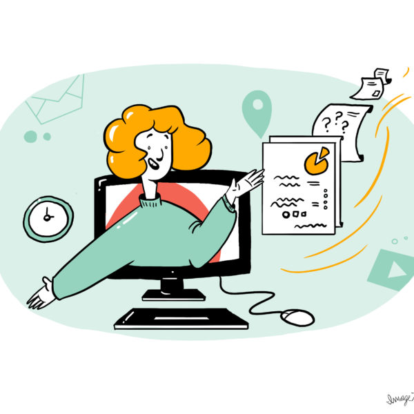 Illustration of a virtual facilitator coming out of a monitor