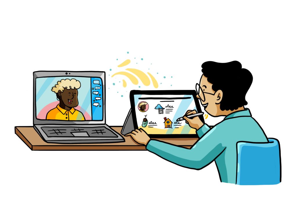 Illustration showing digital graphic recording in front of a virtual meeting on a laptop computer 