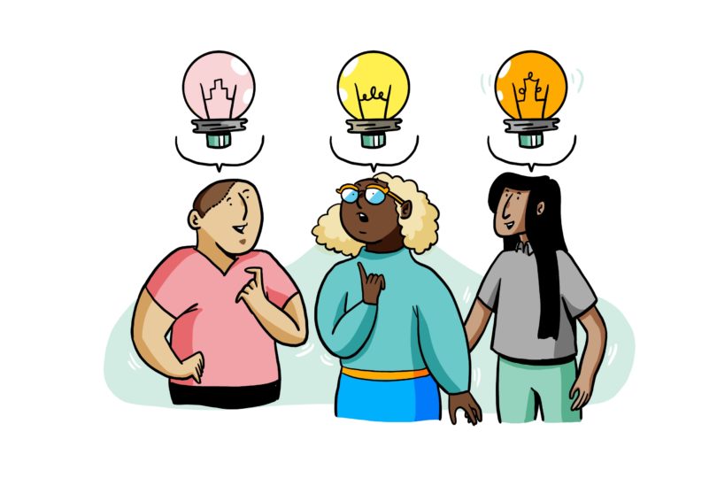 Illustration of three people brainstorming with light bulbs above their heads