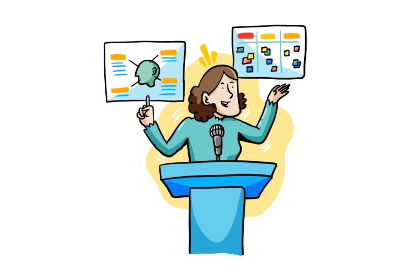 Illustration of speaker at podium engaging attendees with visuals